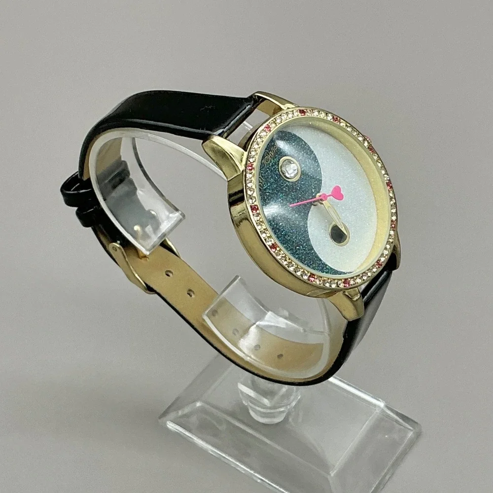 Betsey Johnson Watch Yin Yang Glitter Crystal Black Gold 40mm NEW BATTERY